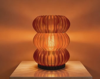 3D Printed Amber Melon Lamp, Retro Ribbed Sunset Glow Bedside Light