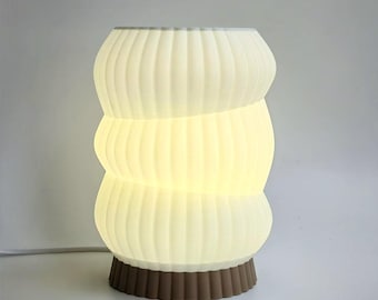 Triple Tiered Amber Wavy LED Table Lamp – Modern Desk Light, Wood Base