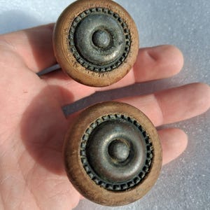 2 Antique Wooden Drawer Knobs With Brass Caps