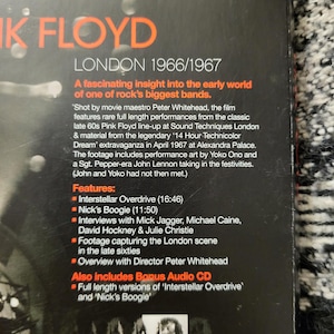 May include: A black DVD case with the words "PINK FLOYD" in orange. The text below reads "LONDON 1966/1967". The case describes a film with rare performances from the late 60s Pink Floyd line-up, interviews, and bonus audio.