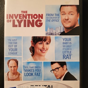 May include: DVD cover for the movie "The Invention of Lying" starring Ricky Gervais, Jennifer Garner, Jonah Hill, Louis C.K., Rob Lowe, and Tina Fey. The cover features a blue background with white text and images of the actors.