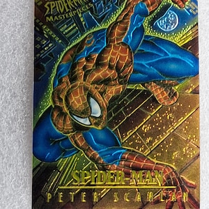 May include: A Fleer Ultra Spider-Man Masterpieces trading card featuring a dynamic illustration of Spider-Man in a crouched pose against a dark city background. The card includes the text Fleer Ultra Spider-Man Masterpieces, Spider-Man, and Peter Scanlan.