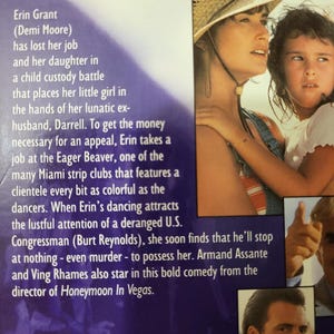 May include: A movie cover with text and images. The text includes the names of the actors Demi Moore and Burt Reynolds. The image shows a woman wearing a straw hat with a child, and two smaller images of men.