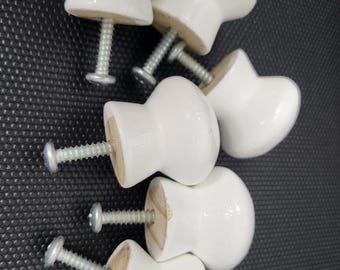 6 White Wood knobs cabinet handle pulls doors drawers