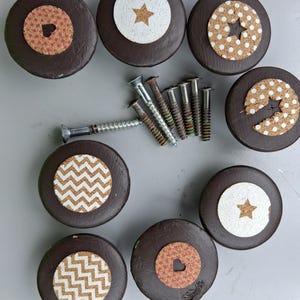 8 Mushroom Shaped Wooden Cabinet Knobs with Cork Tops Zig Zags, Stars and Hearts