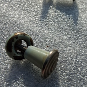 Peut inclure: Deux boutons de placard bleu clair avec une vis filetée métallique et une base circulaire. Chaque bouton présente une tête arrondie bleu pâle avec une usure brune et une oxydation visible sur les bords, et une surface supérieure plate.