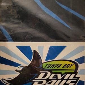 Può includere: Logo dei Tampa Bay Devil Rays con una manta stilizzata in bianco e nero, su uno sfondo a raggi di sole blu e bianchi. Il nome della squadra è visualizzato in testo bianco e verde.