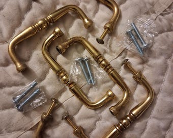 ヴィンテージ真鍮製キャビネット引き出し用取っ手6個セット（ゴールドポリッシュ仕上げ）