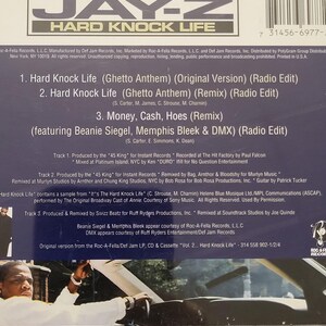 Könnte beinhalten: Eine CD-Hülle für Jay-Zs Album "Hard Knock Life". Das Cover zeigt den Albumtitel in fetter, stilisierter Schrift. Die Titelliste enthält "Hard Knock Life (Ghetto Anthem)" und "Money, Cash, Hoes". Die Rückseite des Covers listet die Produktionscredits auf.
