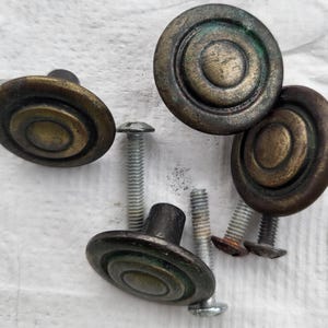 4 Brass Stepped Ring Cabinet Drawer Knobs Resembling Traditional Colonial Hardware