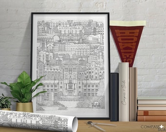 Virginia Tech in Black and White - Architecture Illustration - Skyline - Art Print Drawing - Minimalist Wall Art