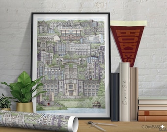 Virginia Tech in Color - Architecture Illustration - Skyline - Art Print Drawing - Minimalist Wall Art