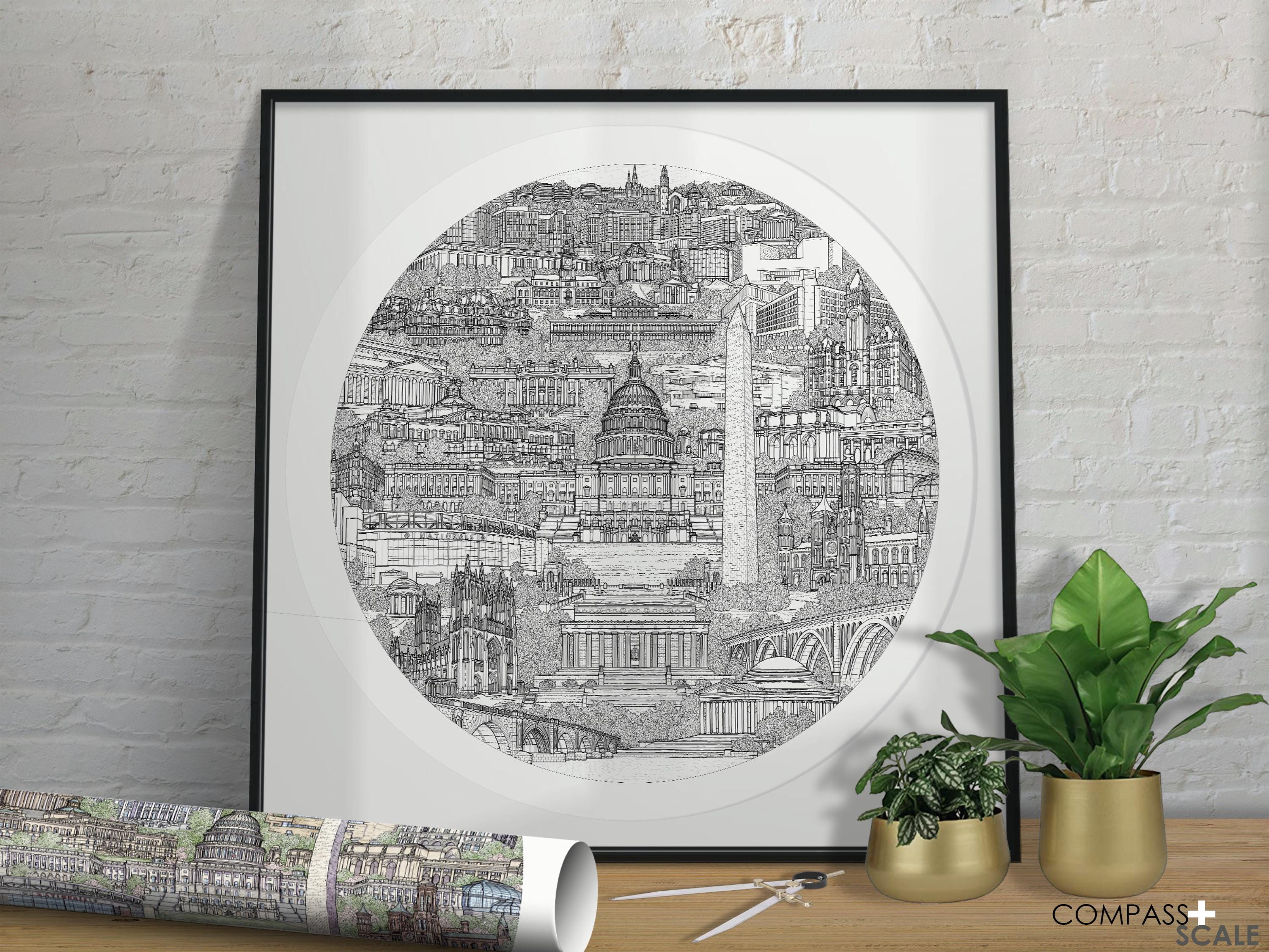 Washington, D.C. in Black and White - Architecture Cityscape Illustration - Skyline - Art Print Drawing - Minimalist Wall Art