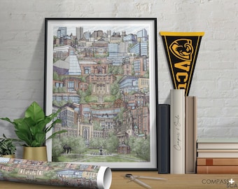 VCU in Color - Architecture Illustration - Skyline - Art Print Drawing - Minimalist Wall Art