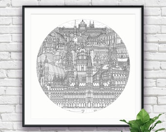 Vienna, Austria Art Print -  Hand-Drawn Architecture Illustration - Black and White - Classical