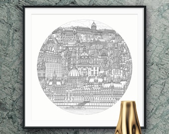 Budapest, Hungary Art Print -  Hand-Drawn Architecture Illustration - Black and White - Buda - Pest - Danube