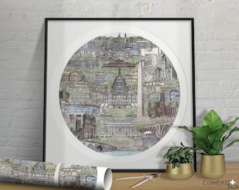 Washington, DC Art Print -  Hand-Drawn Architecture Illustration - Watercolor - Capital - Commanders