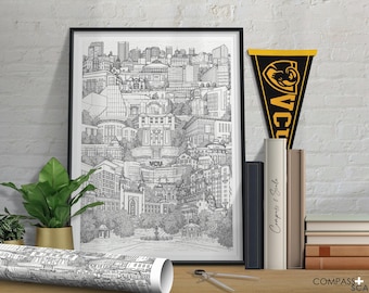 VCU in Black and White - Architecture Illustration - Skyline - Art Print Drawing - Minimalist Wall Art - Richmond, VA