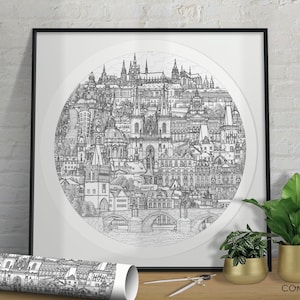 Prague, Czech Republic - Black and White Fine Art Architecture Cityscape Illustration - Skyline - Print Drawing - Wall Art - Midcentury