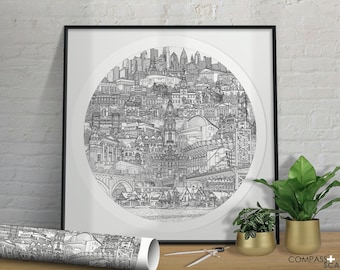 Philadelphia, PA Art Print -  Hand-Drawn Architecture Illustration - Black and White - Philly - Eagles