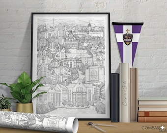 The University of Scranton - Hand-drawn Architectural Illustration - Campus - Art Print Drawing - Black & White Wall Art