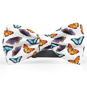May include: A white bow tie featuring a pattern of colourful butterflies. The butterflies are in shades of blue, orange, and purple.