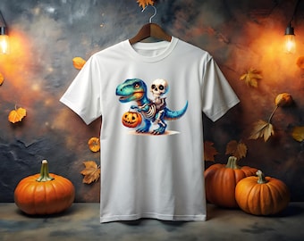 May include: White t-shirt with a graphic of a blue dinosaur carrying a skeleton holding a jack-o-lantern.