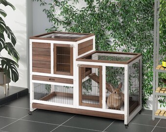 Elevated Wooden Guinea Pig Cage | Indoor Rabbit Hutch with Enclosed Run and Play Area | Small Animal House with Enclosed Play Pen- Brown