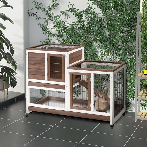 Elevated Wooden Guinea Pig Cage | Indoor Rabbit Hutch with Enclosed Run and Play Area | Small Animal House with Enclosed Play Pen- Brown