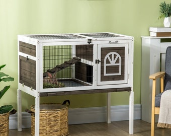 PawHut Elevated Wooden Guinea Pig Cage | Adjustable Height Rabbit Cage with Ramp- Coffee