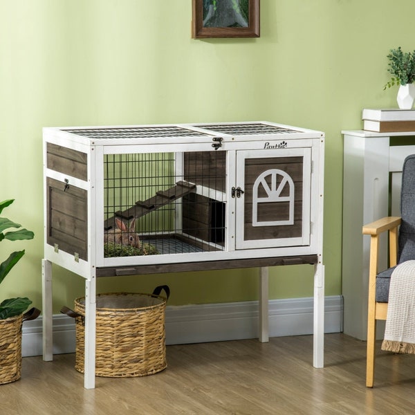 PawHut Elevated Wooden Guinea Pig Cage | Adjustable Height Rabbit Cage with Ramp- Coffee