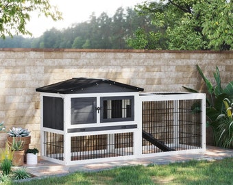 Elevated Indoor Outdoor Wooded Small Animal Hutch w/ Run | Rabbit Cage or Guinea Pig Cage