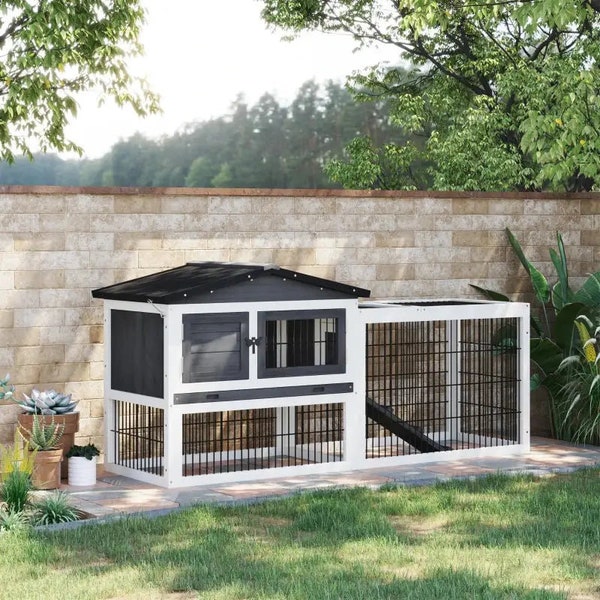 Elevated Indoor Outdoor Wooded Small Animal Hutch w/ Run | Rabbit Cage or Guinea Pig Cage