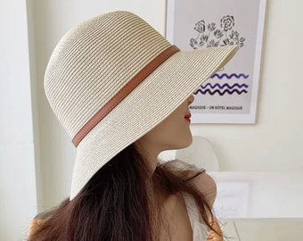 Chapeau de soleil en paille fait à la main pour femme, chapeaux de soleil de dame, chapeau de seau de femme, chapeau de seau de filles, chapeau de plage de voyage de sortie d'été de femme, casquettes de pêcheur