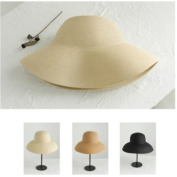 Handgemachter Damen Sommer Sonnenhut | Große Eaves Beach Japanischer Hepburn Style Holiday Fold Anglermütze Temperament flach | Uv-Schutz Hut