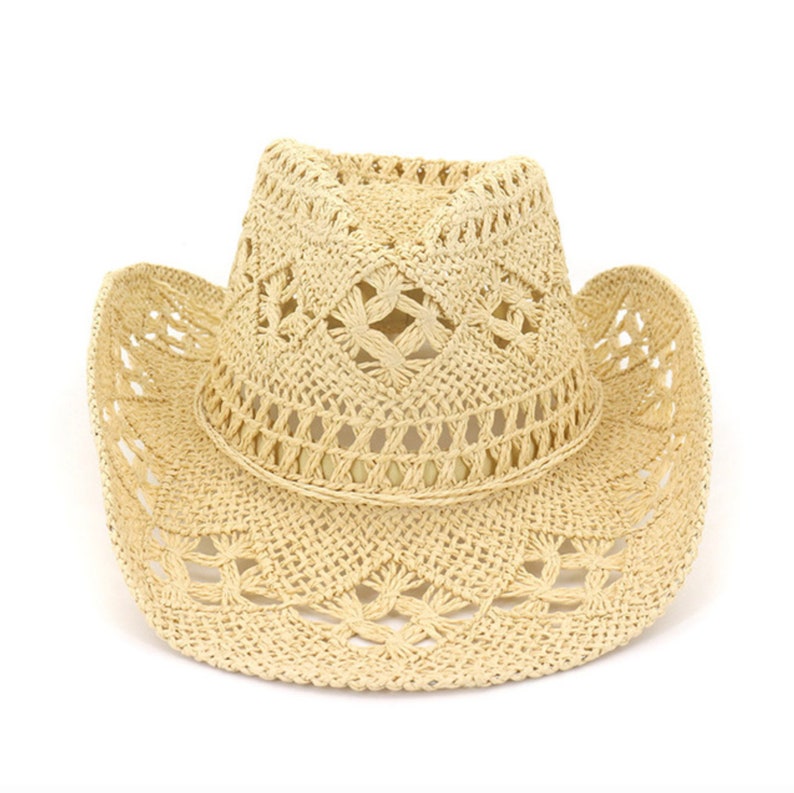 Cappello di paglia da cowboy scavato fatto a mano / Donne Uomini Cappelli da spiaggia da viaggio all'aperto estivi Unisex Solid Western Sunshade Cap / Cappello estivo / cappelli da donna Beige