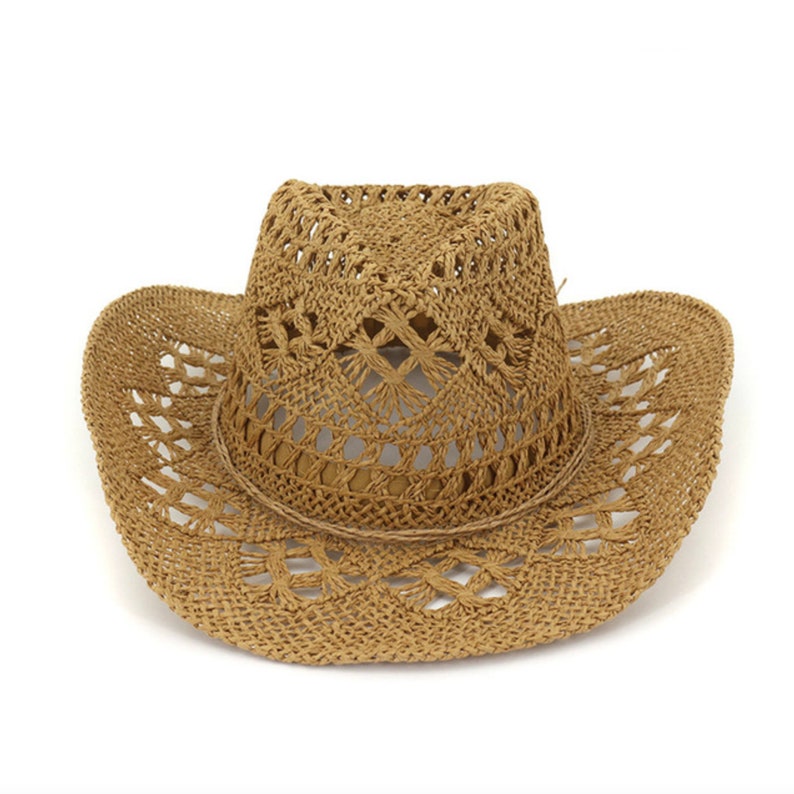 Chapeau de paille de cowboy évidé fait à la main Femmes Hommes Été Voyage en plein air Chapeaux de plage Unisexe Solide Ouest Parasol Cap Chapeau dété chapeaux femme Marron