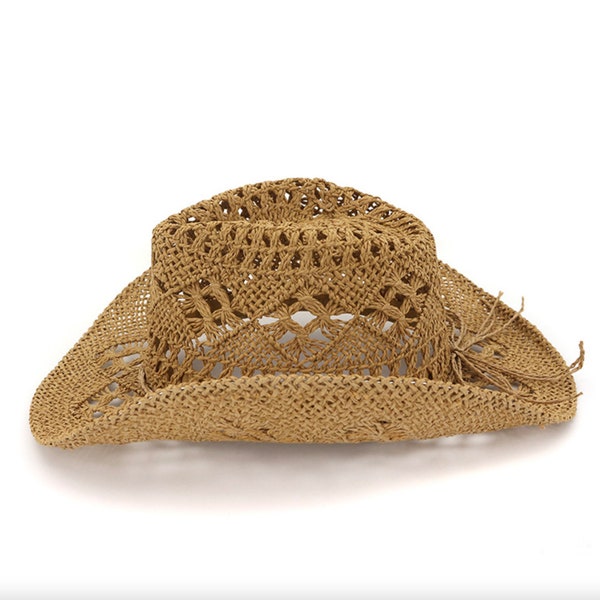 Sombrero de paja vaquero hueco hecho a mano / Mujeres Hombres Sombreros de playa de viaje al aire libre unisex Gorra de sombrilla occidental sólida / sombrero de verano / sombreros de mujer