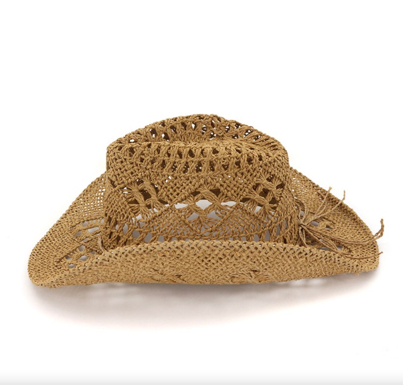 Chapeau de paille de cowboy évidé fait à la main Femmes Hommes Été Voyage en plein air Chapeaux de plage Unisexe Solide Ouest Parasol Cap Chapeau dété chapeaux femme image 1