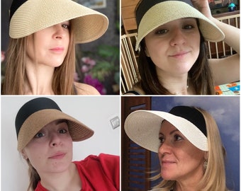 Cappello di paglia da donna fatto a mano / Cappello estivo da donna superiore vuoto / Protezione solare Cappello da pesca sportiva all'aperto / Beach Chapeau