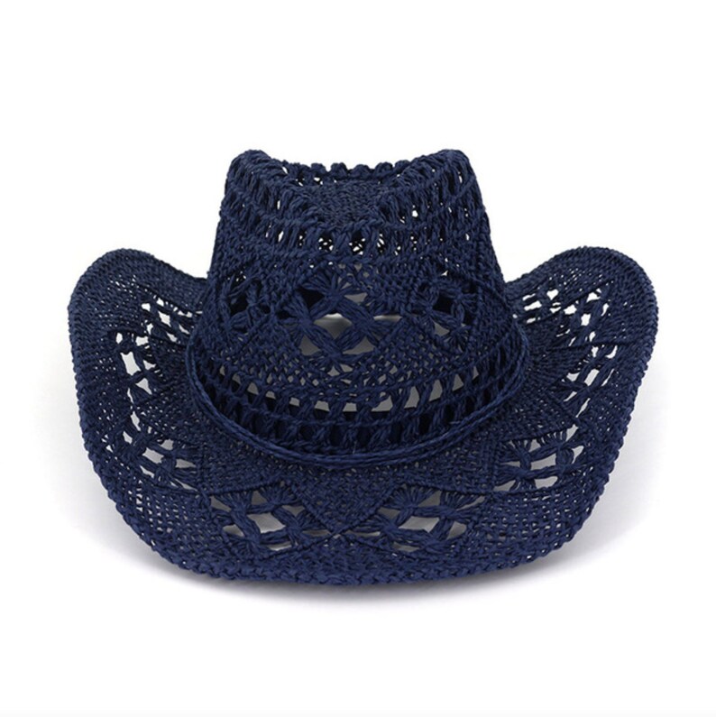 Cappello di paglia da cowboy scavato fatto a mano / Donne Uomini Cappelli da spiaggia da viaggio all'aperto estivi Unisex Solid Western Sunshade Cap / Cappello estivo / cappelli da donna Blu