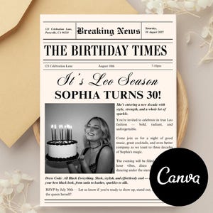 Newspaper Birthday Invitation Template: Retro Tabloid Style (Digital Download, Canva Editable 5x7&quot; PDF)