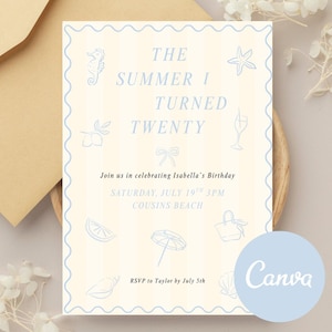 Puede incluir: Una invitación de color amarillo claro con un borde e ilustraciones en azul claro. El texto dice "THE SUMMER I TURNED TWENTY" e invita a los invitados al cumpleaños de Isabella en Cousins Beach el 19 de julio. El logotipo de Canva está en la parte inferior derecha.