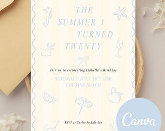 The Summer I Turned Pretty Birthday Invitation | Coastal Blue Canva Template | Digital Download