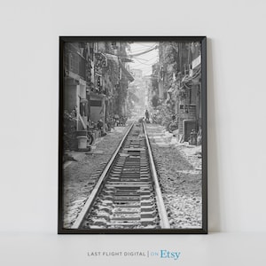 Impression du Vietnam, affiche de Hanoï, rue du train, impression de Hanoï, affiche du Vietnam, art mural, Asie du Sud-Est, photographie en noir et blanc, rues de la ville
