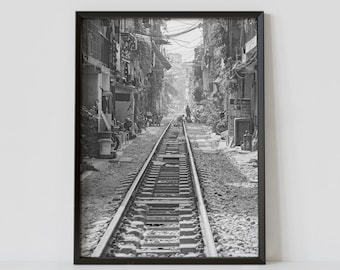 Wietnam Druk, Hanoi Plakat, Ulica Pociągowa, Hanoi Druk, Wietnam Plakat, Sztuka Ścienna, Azja Południowo-Wschodnia, Czarno-Biała Fotografia, Ulice Miasta