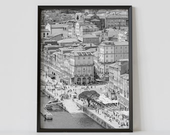 Porto Portugal Black and White Travel Poster, Ribeira District Photography Print, Europe Wall Art, Digital Download