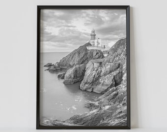 Dublin Ireland Black and White Travel Poster, Baily Lighthouse Photography Print, Coastal Wall Art, Digital Download