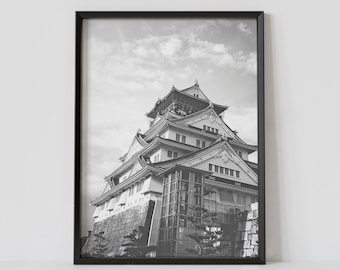 Osaka Japan Black and White Travel Poster, Osaka Castle Photography Print, Digital Download