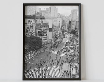 Tokyo Japan Black and White Travel Poster, Shibuya Crossing Photography Print, Digital Download